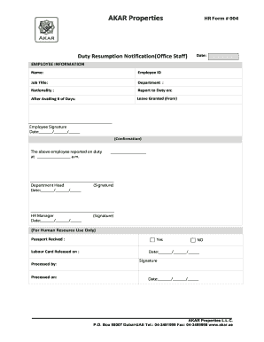 Duty Resumption Form