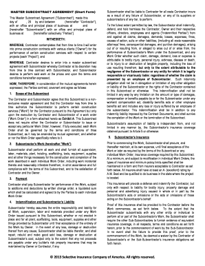 MASTER SUBCONTRACT AGREEMENT Short Form