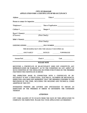 City of Hialeah Re Occupancy  Form