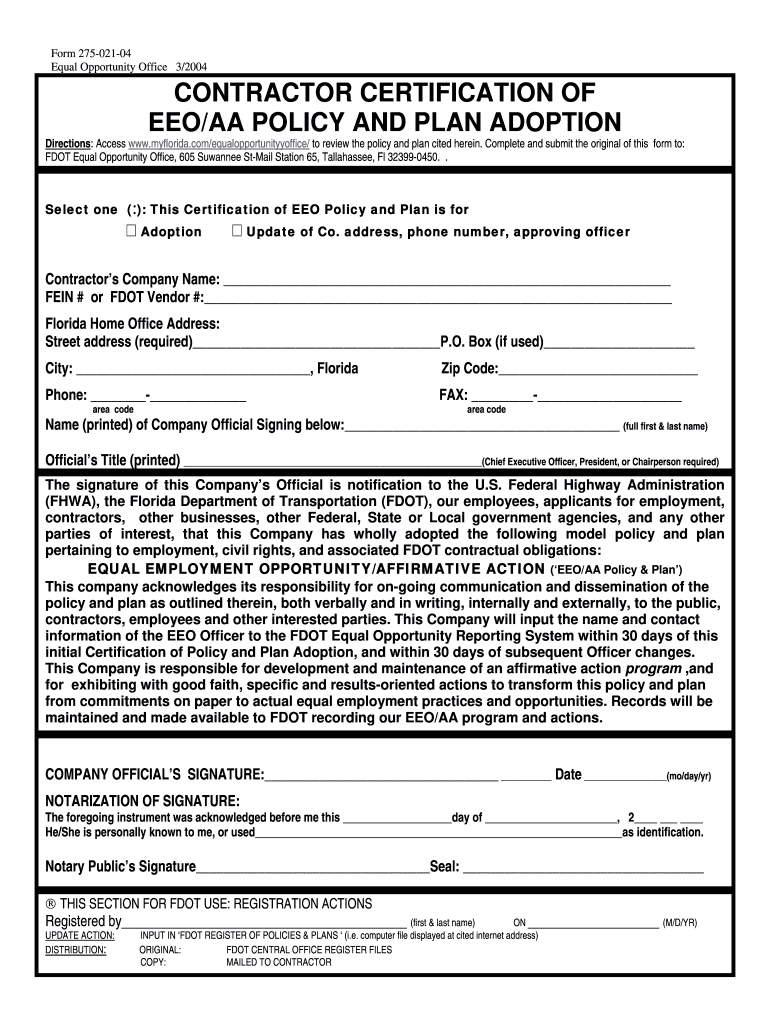  Form 275 021 04 CONTRACTOR CERTIFICATION of EEOAA POLICY 2004-2024