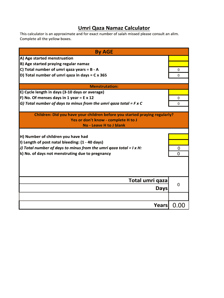 Qaza Namaz Chart  Form