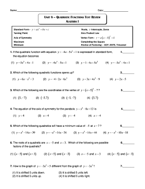 UNIT 8 QUADRATIC FUNCTIONS TEST REVIEW  Form