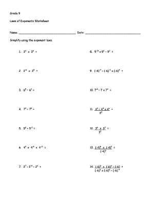 Exponents Worksheets Grade 9 with Answers PDF  Form