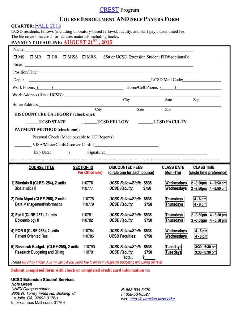 FA15 Self Pay Enrollment Form DOC Ctri Ucsd