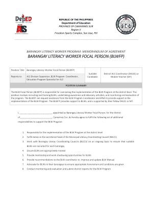 BARANGAY LITERACY WORKER PROGRAM MEMORANDUM of AGREEMENT  Form