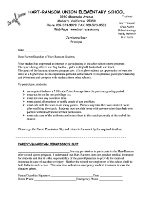 After School Athletics Permission Slip Hart Ransom Union School Hartransom  Form
