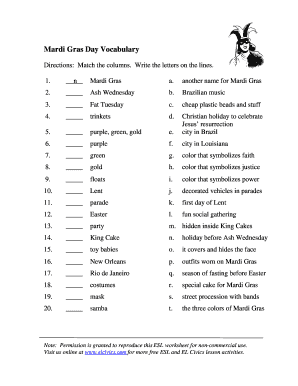 Mardi Gras Vocabulary Words  Form
