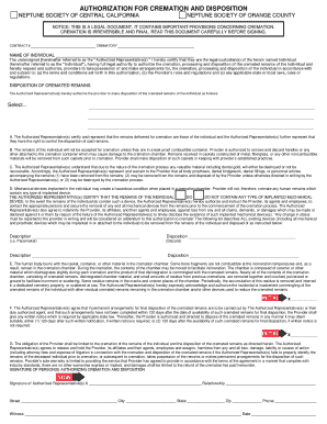 Authorization for Cremation and Disposition the Neptune Society of  Form