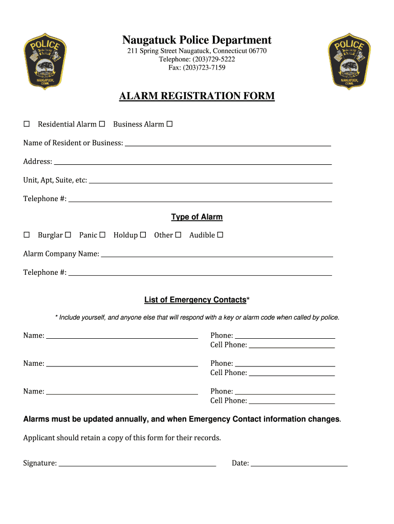 Alarm Registration Form Naugatuck PD