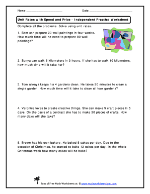 Unit Rate Speed Worksheet  Form