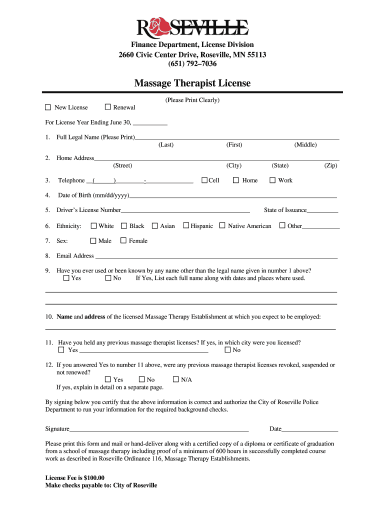 Mn Massage Therapist License  Form