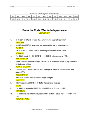 Break the Code War for Independence  Form