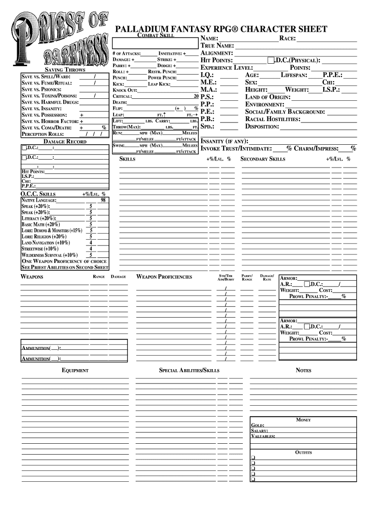 Palladium Fillable Character Sheet  Form