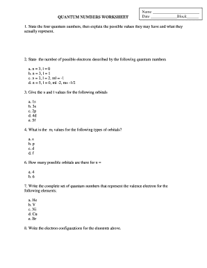 Quantum Numbers Worksheet  Form