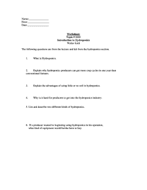 Hydroponics Worksheet PDF  Form
