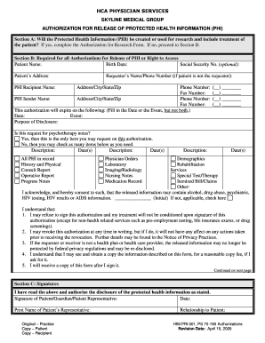 HCA PHYSICIAN SERVICES SKYLINE MEDICAL GROUP AUTHORIZATION for RELEASE of PROTECTED HEALTH INFORMATION PHI Section a Will the Pr