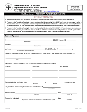 Recovery Authorization Form Virginia Department of Criminal