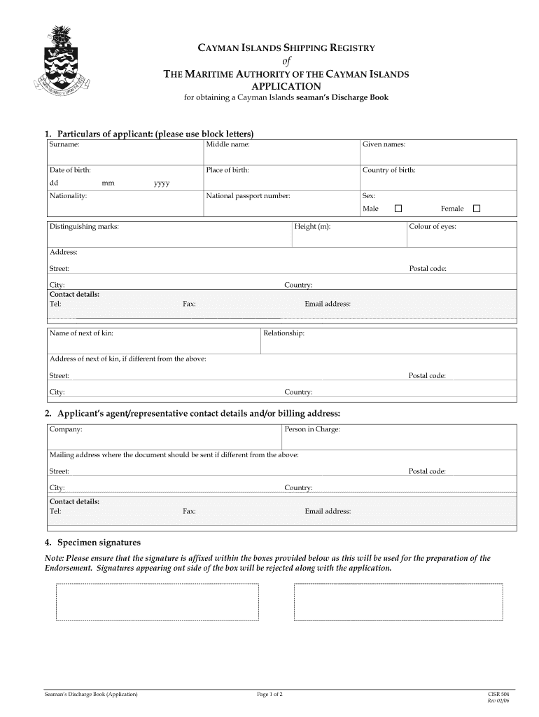 Get and Sign Seaman's Discharge Book Cayman Islands 2006-2022 Form