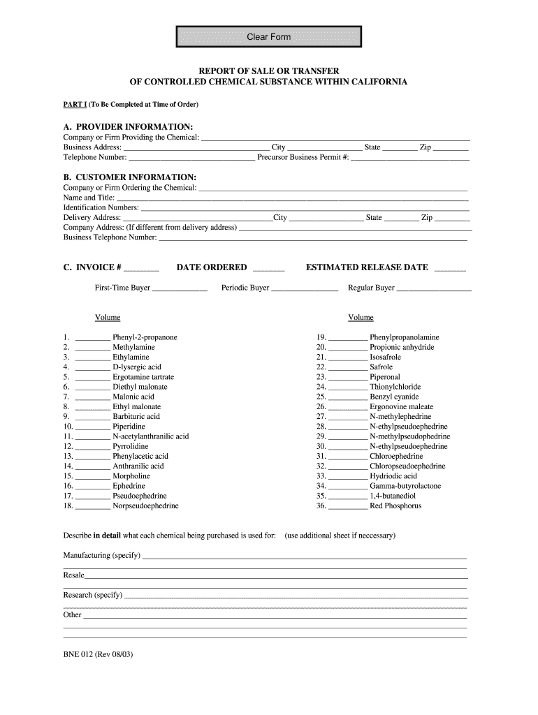  BNE Precursor Compliance Program REPORT of SALE or TRANSFER of CONTROLLED CHEMICAL SUBSTANCES within CALIFORNIA 2003-2024