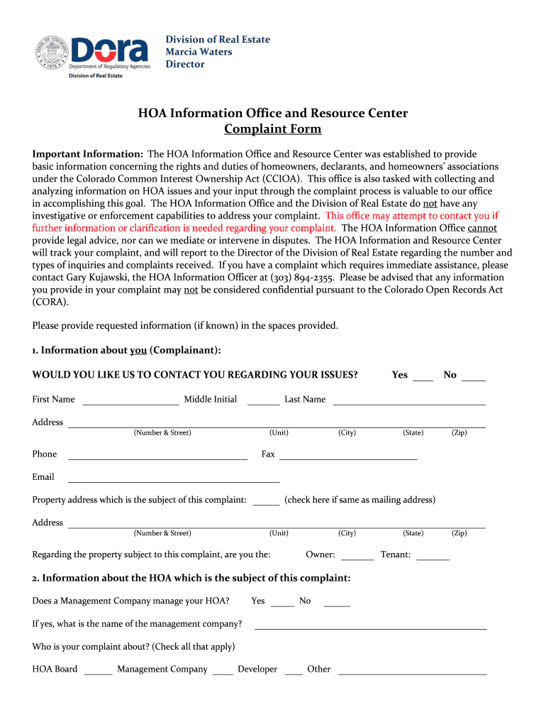 HOA Complaint Form  Colorado Gov