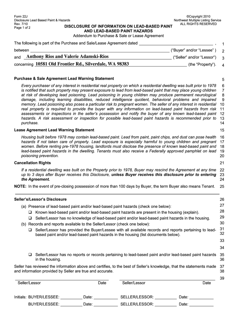 Lead Paint Disclosure Washington State  Form