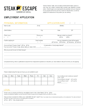 Steak Escape Application  Form