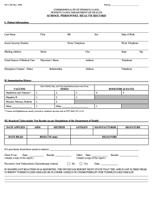  School Personnel Health Record 2011