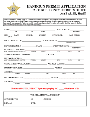 Carteret County Pistol Permit  Form