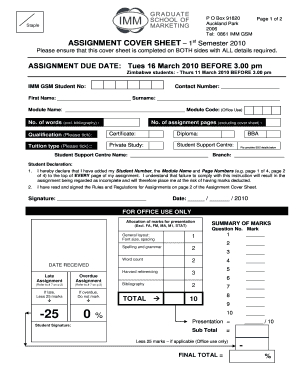 Oxbridge Academy Assignment Cover Sheet  Form