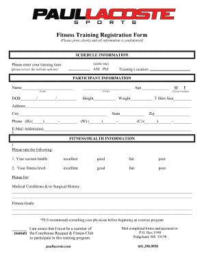 Fitness Training Registration Form Paul Lacoste Sports