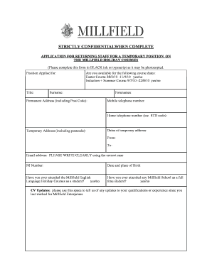 Millfield Returners Form