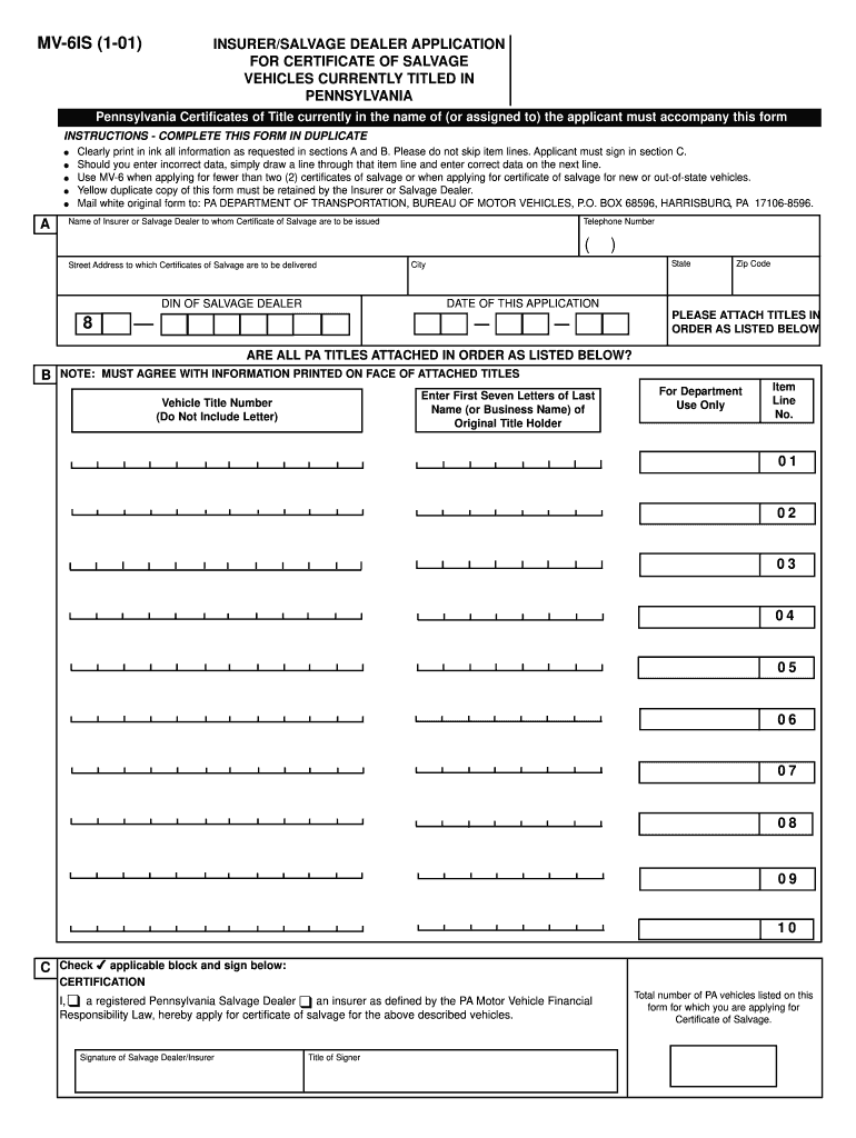  PennDOT  InsurerSalvage Dealer Application for Certificate of    Dmv State Pa 2001