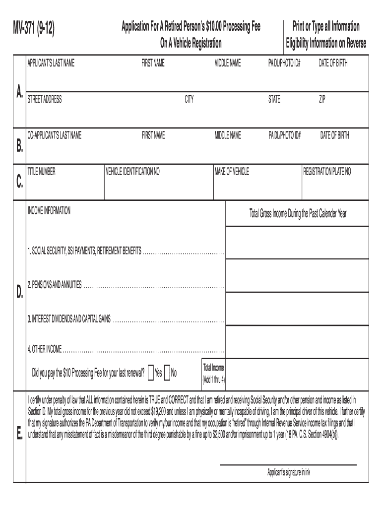  Pa Motor Vehicle Mv 371 Form 2013