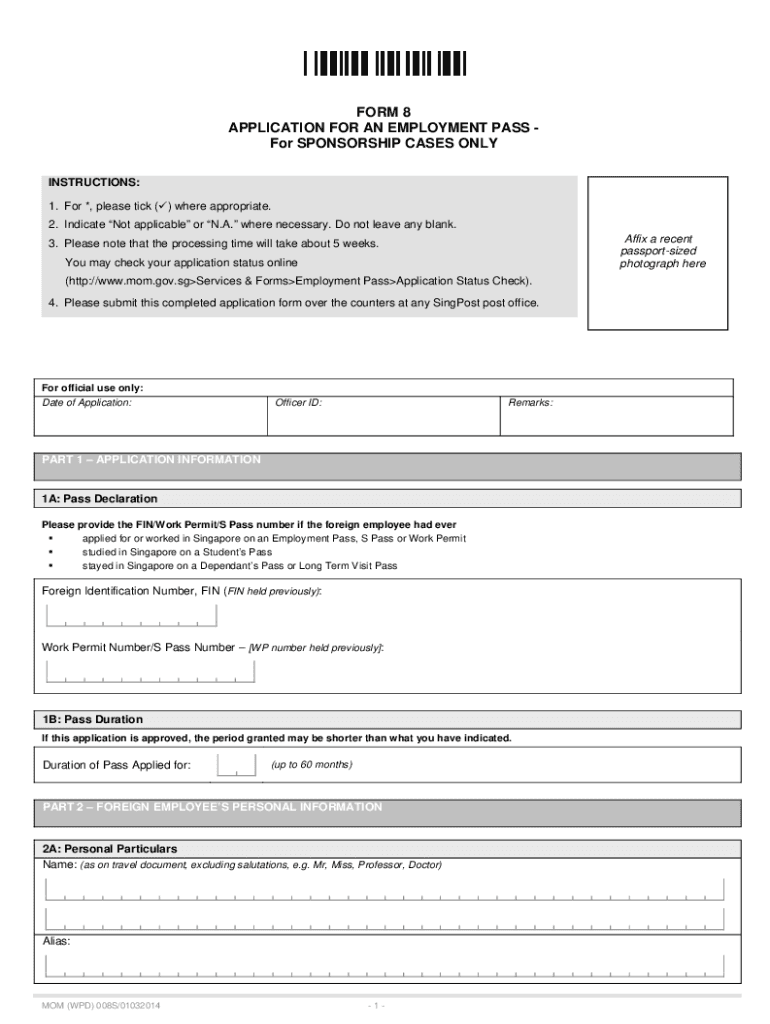 Form 8 Application for an Employment Pass for Sponsorship Case for Year Form No Mm Wpd 008s 16112018