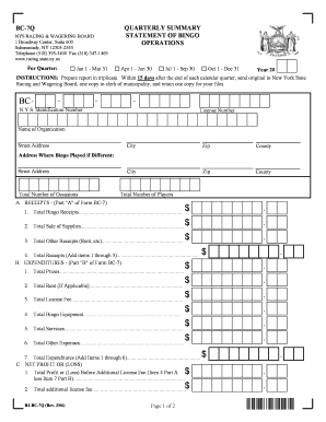 BC 7Q Quarterly Statement of Bingo Operations NYS Gaming  Form