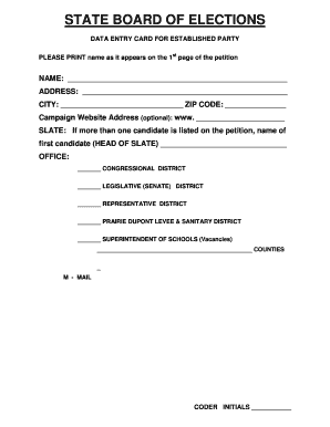 Data Entry Card for Established Party Illinois State Board of Elections Elections Il  Form