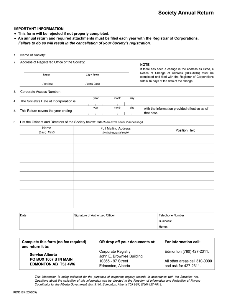 Alberta Society Annual Return Reg 3185 2003 2024 Form Fill Out And 