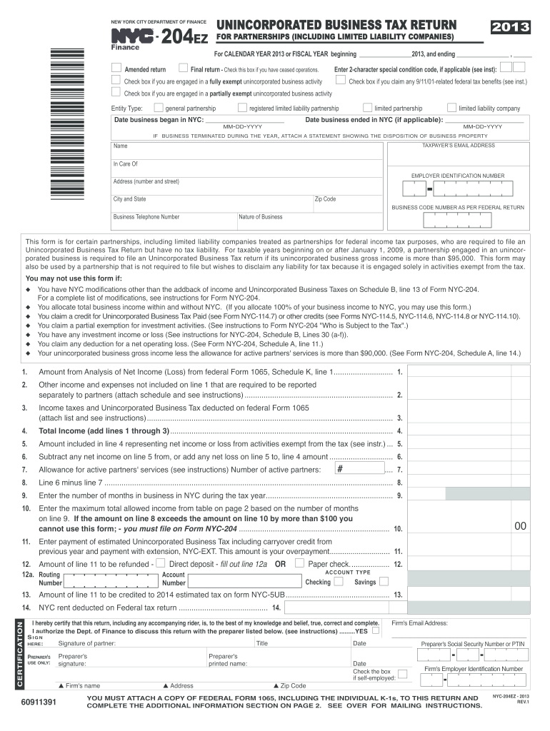  Nyc 204 Ez Instructions Form 2013