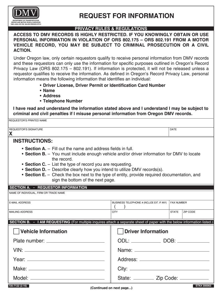  DMV Form #7122 Oregon Department of Transportation State of Odot State or 2012