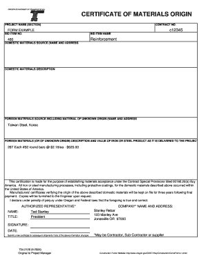 Certificate of Material Origin  Form