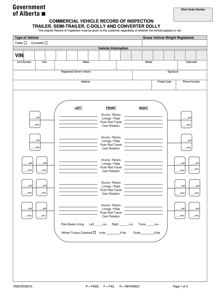  Commercial Vehicle Record of Inspection Alberta Ministry of  Transportation Alberta 2010