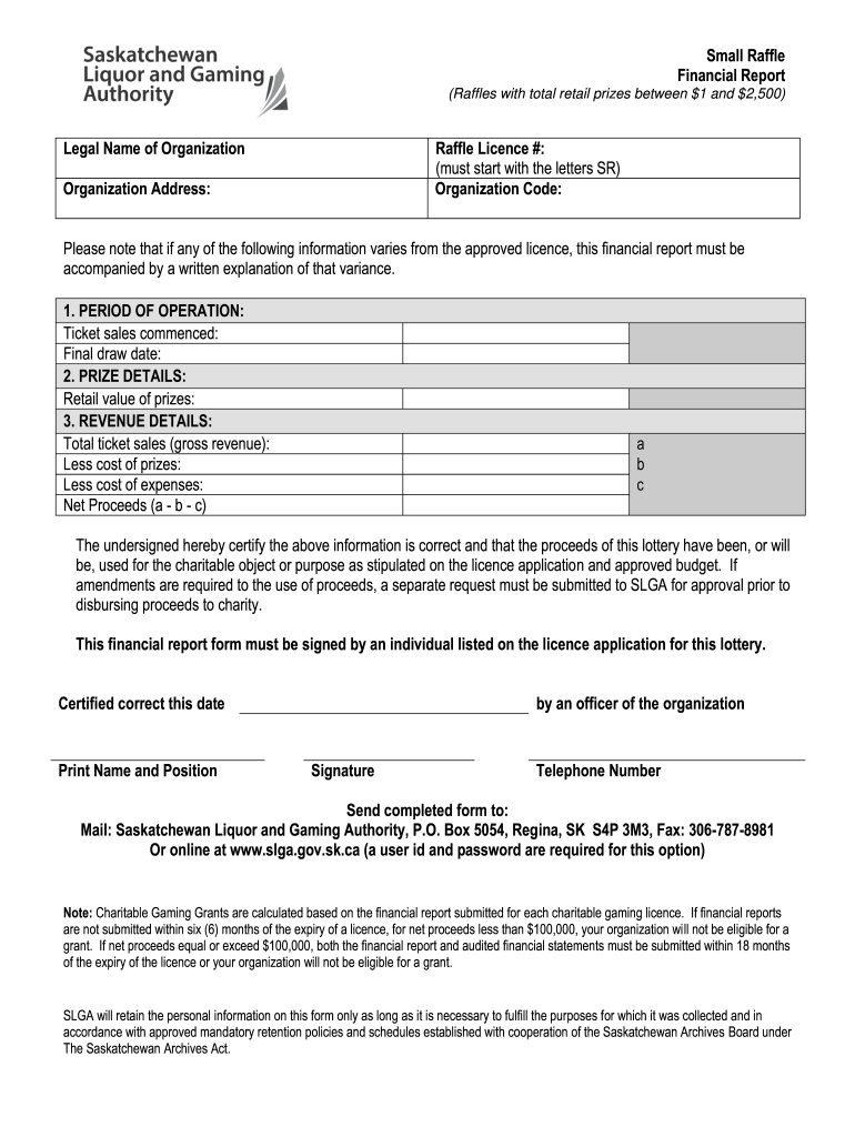 Small Raffle Financial Reportpdf Saskatchewan Liquor and Bb  Form