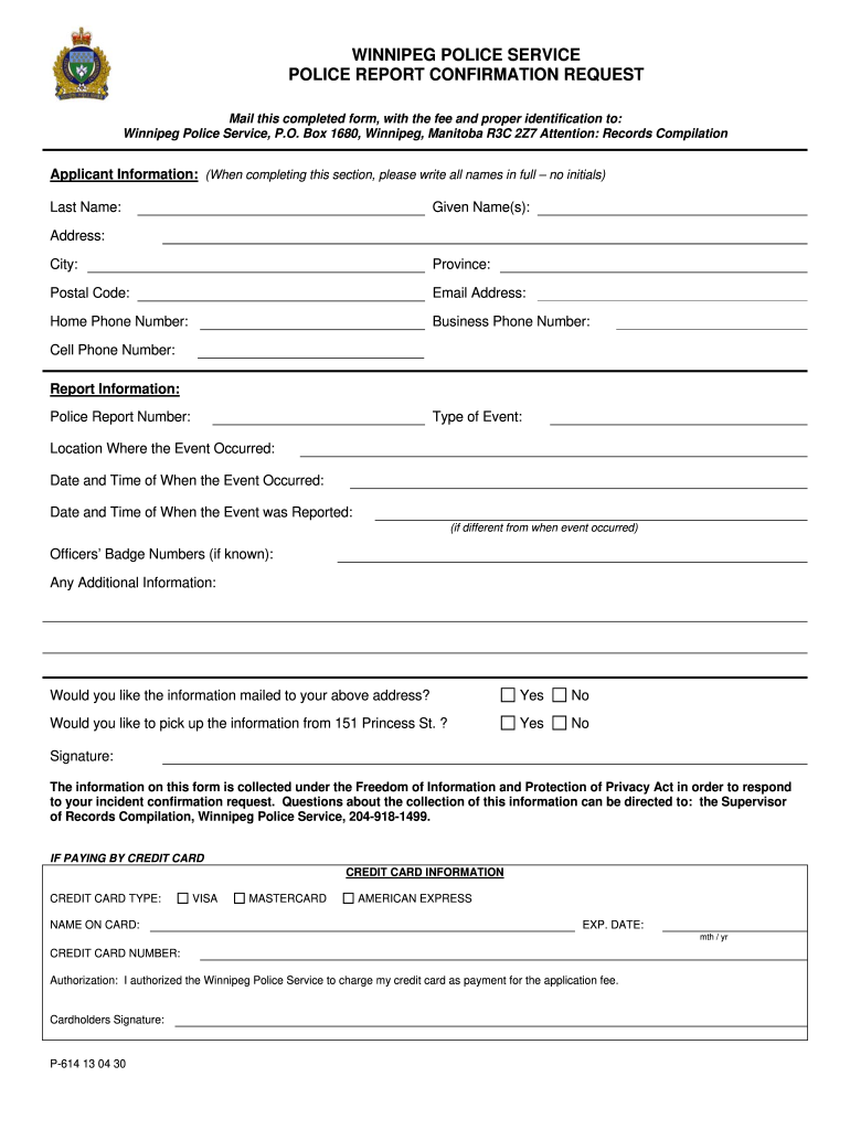 Police Report Winnipeg  Form