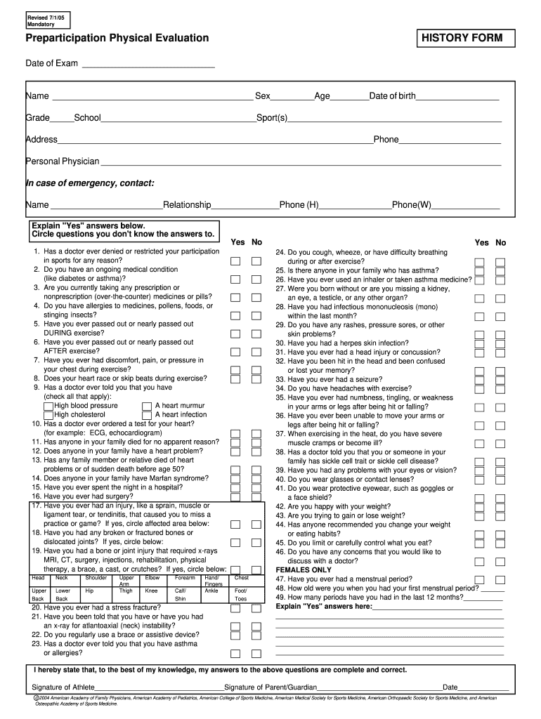 Preparticipation Physical Evaluation History Form