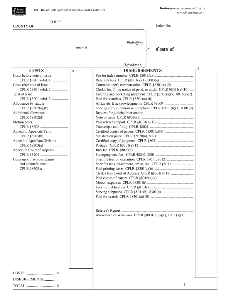 Bill of Costs Form New York