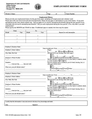 F242 109 000 Employment History Form Labor &amp; Industries Lni Wa