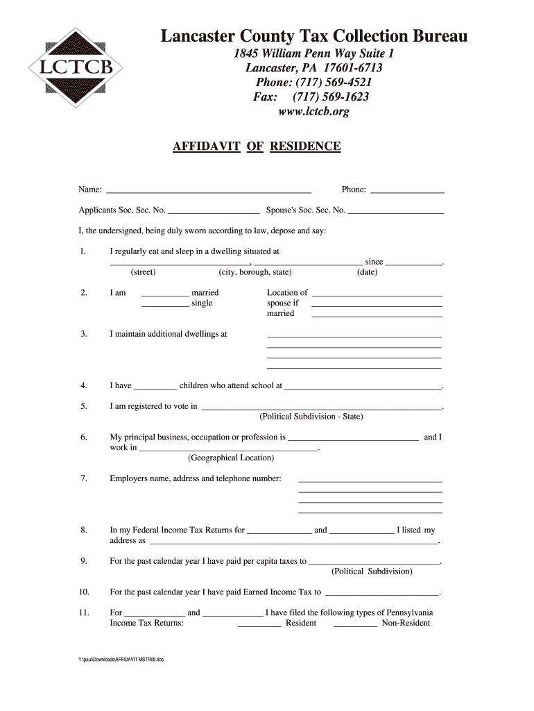 Affidavit for Residency  Form