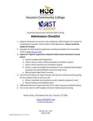 VAST Academy Admissions ChecklistApplication Vast Hccs  Form