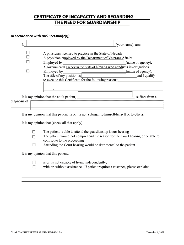 Certificate of Incapacity Form Clark County Nevada Clarkcountynv