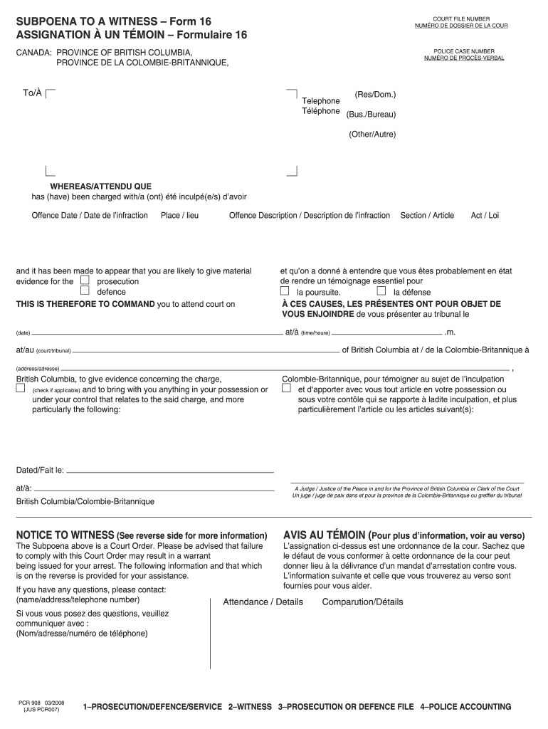 Subpoena to a Witness Ontario Form 16